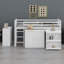 Lit mezzanine avec armoire de rangement, armoire à tiroirs et tablettes et bureau coulissant, barrière de sécurité-1619579889