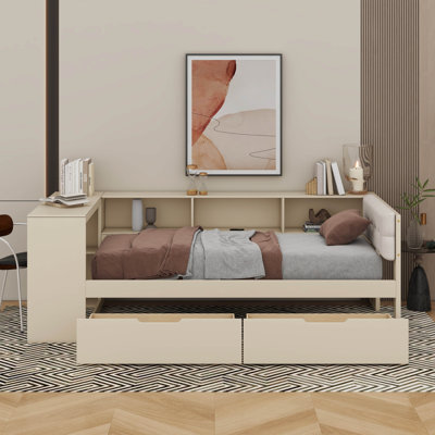 Platform Bed With Shelves, Drawers, Charging Station And Upholstered Headboard