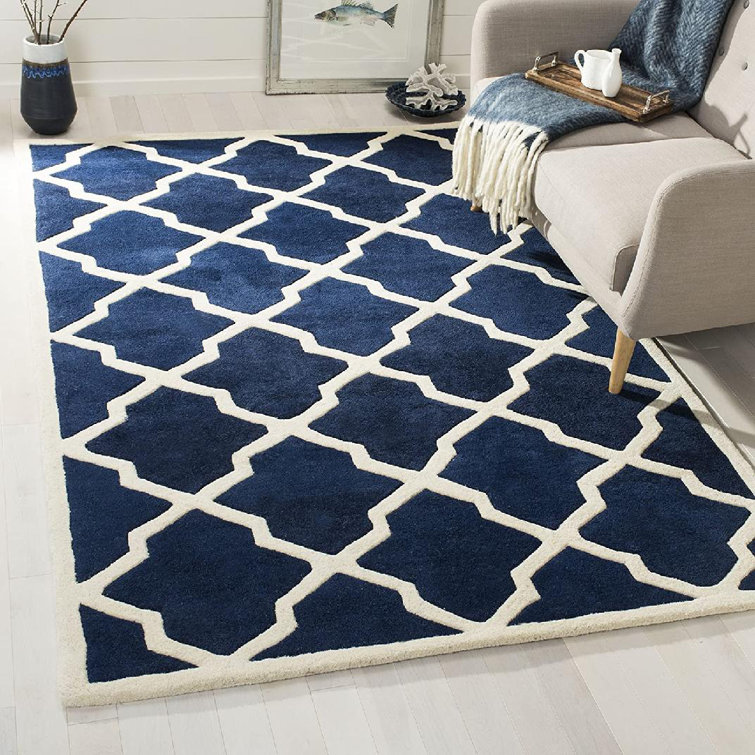 Carolene Geometric Handmade Tufted Wool Dark Blue/Ivory Area Rug