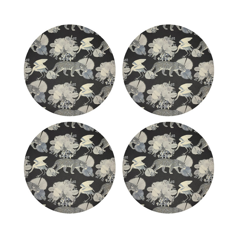 Leopard Walk Black Vegan Leather Round Coasters, Black