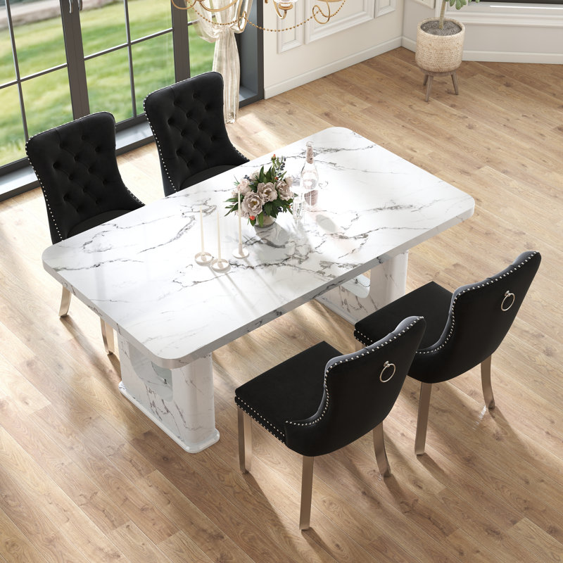 Ensemble de salle à manger rectangulaire en bois avec chaise capitonnée, 5, Noir