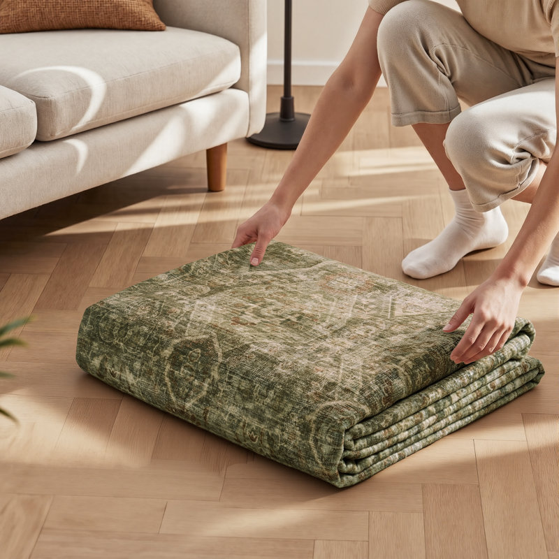 Tapis vert délavé doux et délavé avec envers antidérapant , Green, Rectangle 5' x 7'