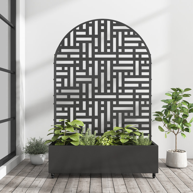 Arch Metal Planter Box with Trellis with Wheels, 72" H x 47" W x 16" D