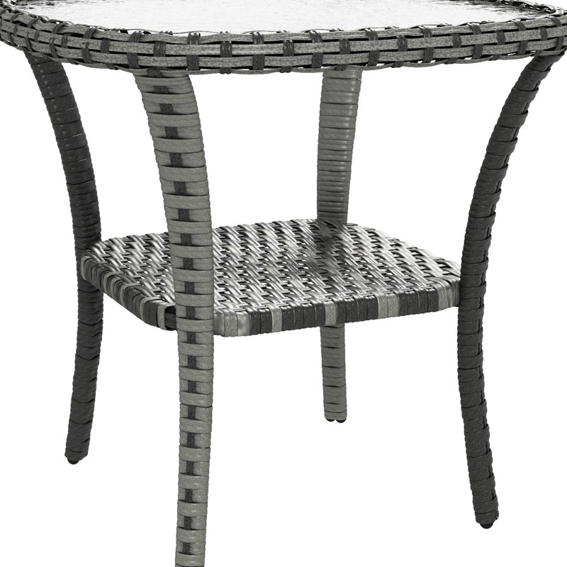 Table d'appoint avec rangement caractéristique, plateau extérieur en verre pour les jardins, les porches et les cours. Table de bout toutes saisons Mix Grey, 19,7 po x 19,7 po x 21,7 po, capacité de 110 lb, potentiel d'assemblage requis,