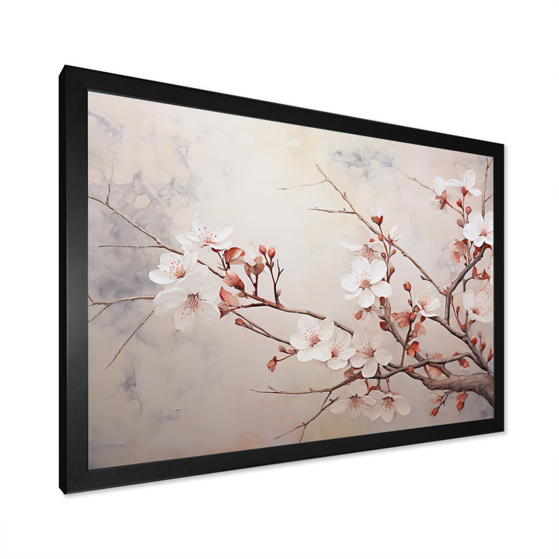 Fleur de cerisier beige minimaliste, Cadre simple noir, H 12 po x l 20 po x P 1 po