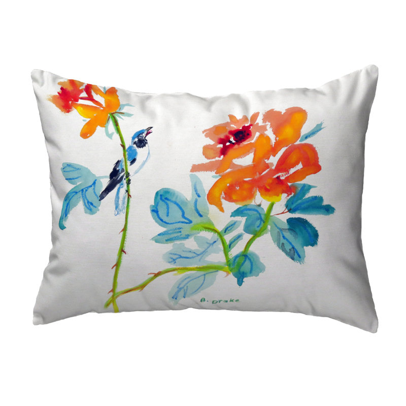  Bird and Roses Outdoor Rectangular Pillow Cover & Insert, 16" H x 20" W x 6" D