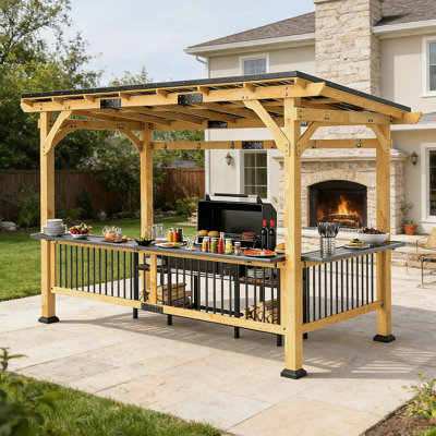 Spacious Outdoor Hardtop Grill Gazebo With Metal Roof, Built-In Shelves, And Durable Fir Wood Frame For BBQ Gatherings