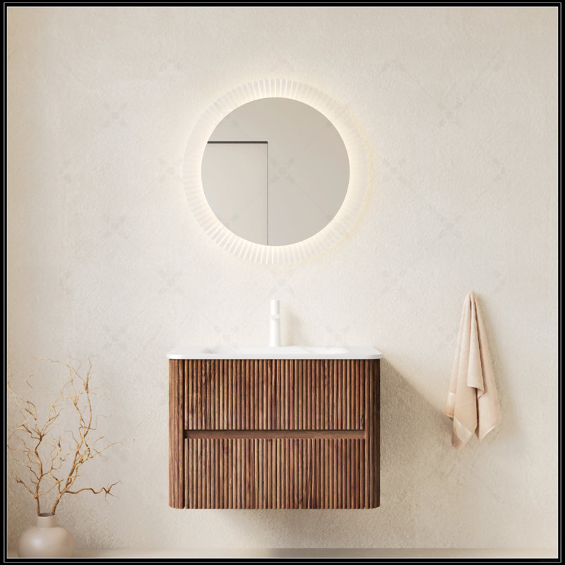 Meuble-lavabo mural flottant avec lavabo blanc Carrara et 2 tiroirs, grain de bois rétro, pré-assemblé, 30"