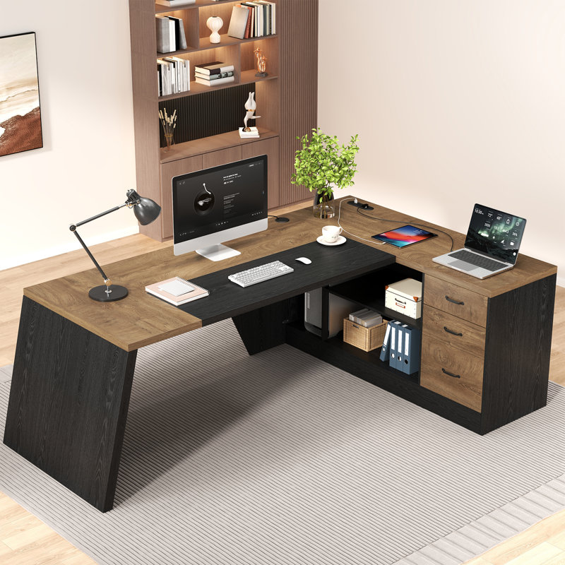 78-Inch L-Shaped Executive Desk Large Office Desk With Power Outlet, Storage Drawer, Lateral File Cabinet, Open Shelf And PC Stand For Home Office Study, Brown Black