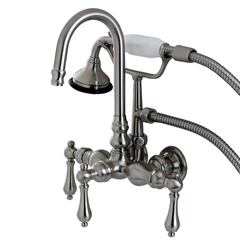 Kingston Brass Aqua Vintage Three-Handle 2-Hole Tub Wall Mount Clawfoot Tub Faucet with Hand Shower, Brushed Nickel