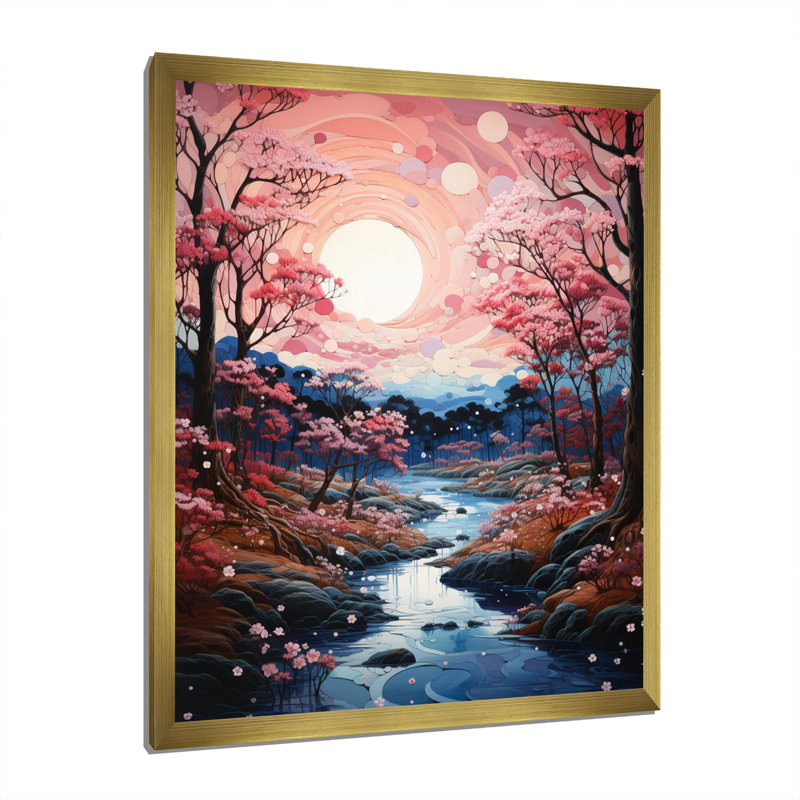 Dryades Japon Art Cherry Blossom River II, H 20 po x l 12 po x P 1 po, Encadrement doré
