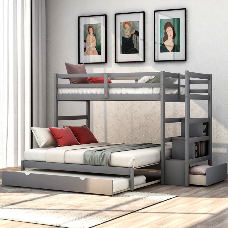 Lit superposé simple au-dessus d'un lit simple avec lit gigogne Borendy par Harriet Bee, gris