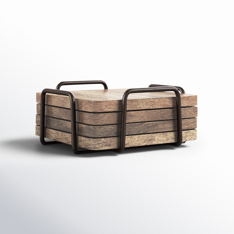 Wallis Square 4 Piece Coaster Set With Holder, Wood/Natural