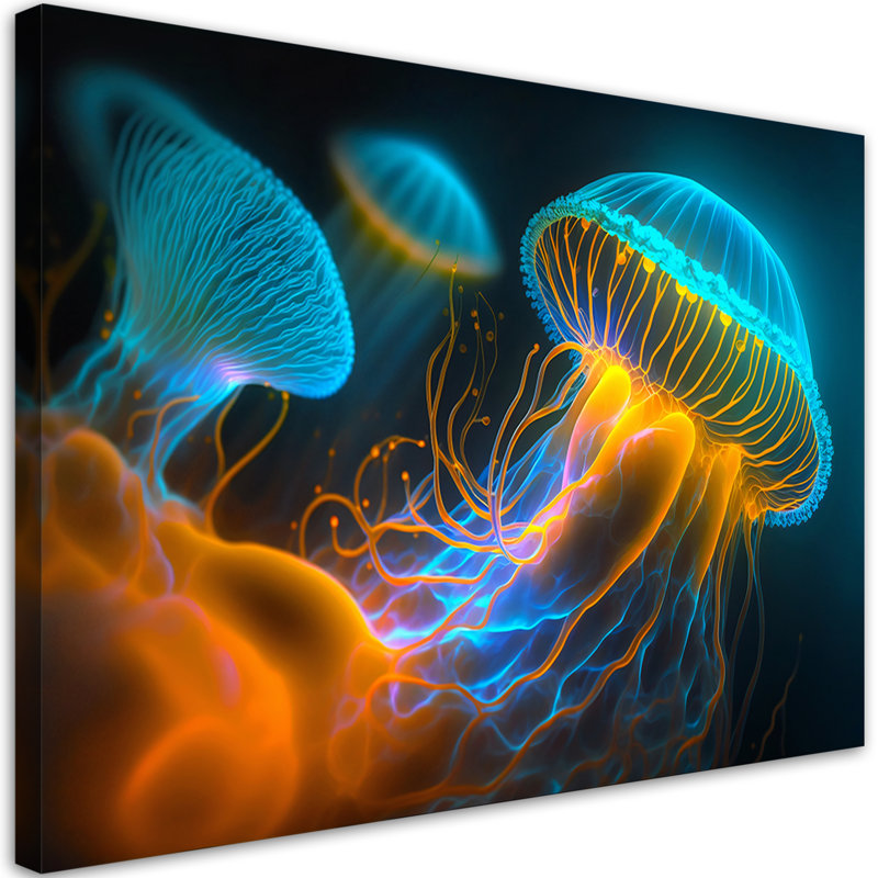 Jellyfish Underwater Neon - Wrapped Canvas Print, 80cm H x 120cm W