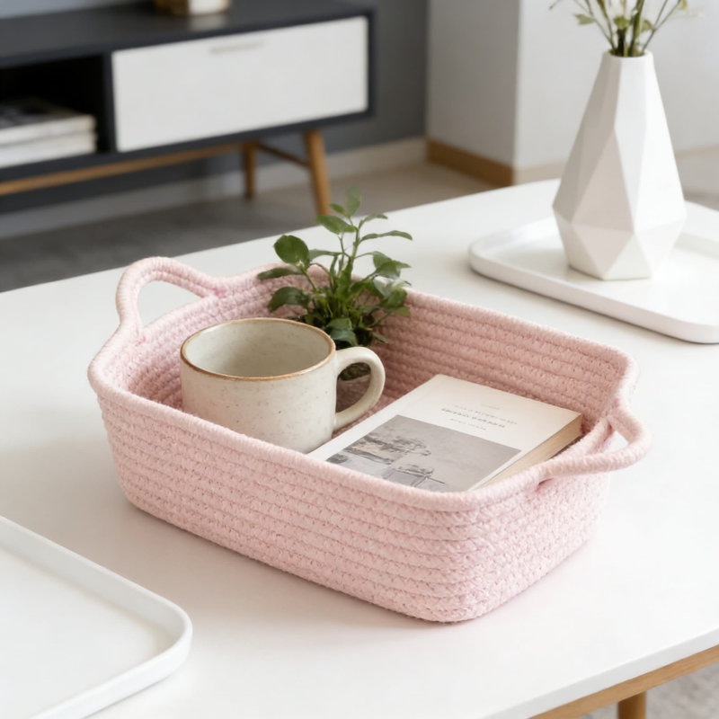 Woven Cotton Rope Storage Basket With Handles, Collapsible Organizer For Shelves, Closet, Nursery, Office & Pet Toys, Pink