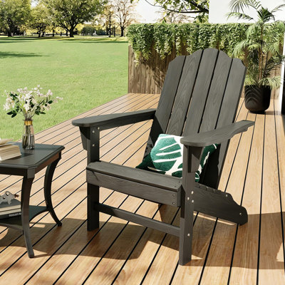Set of 2 Durable & Weather-Resistant HDPE Adirondack Chairs, Wood Grain Outdoor Patio Lounge Furniture for Garden, Deck, Backyard, Poolside (Black)