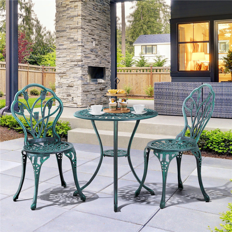 3 Piece Patio Bistro Table Set with Umbrella Hole, Blue