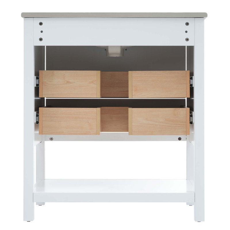 Armoire de meuble-lavabo moderne 30 po avec deux tiroirs ouverts, Blanc