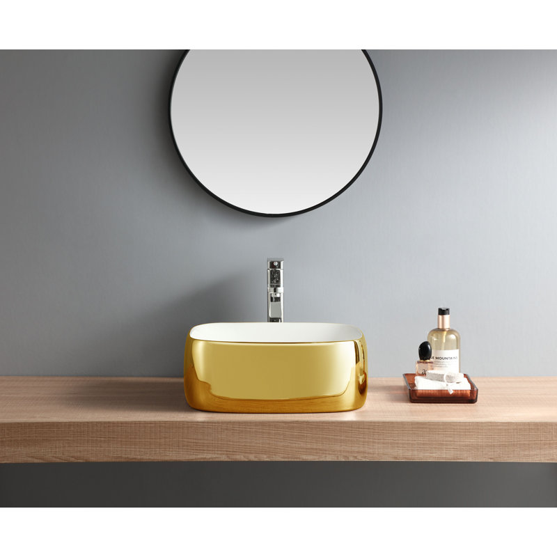 Modern Vitreous China Square Vessel Bathroom Sink, Gold