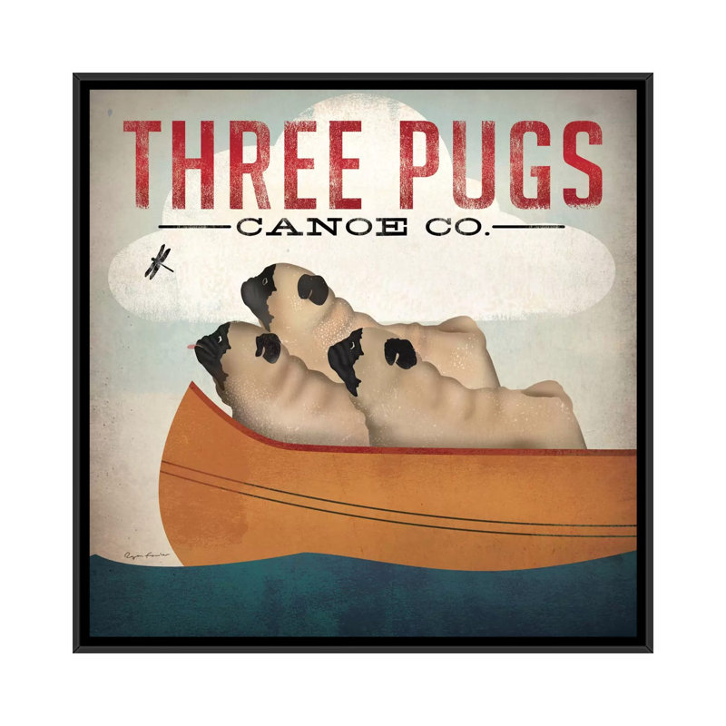 «Three Pugs in a Canoe v.3», affiche vintage sur toile tendue, H 18 po x l 18 po x P 1,5 po, Toile avec cadre noir