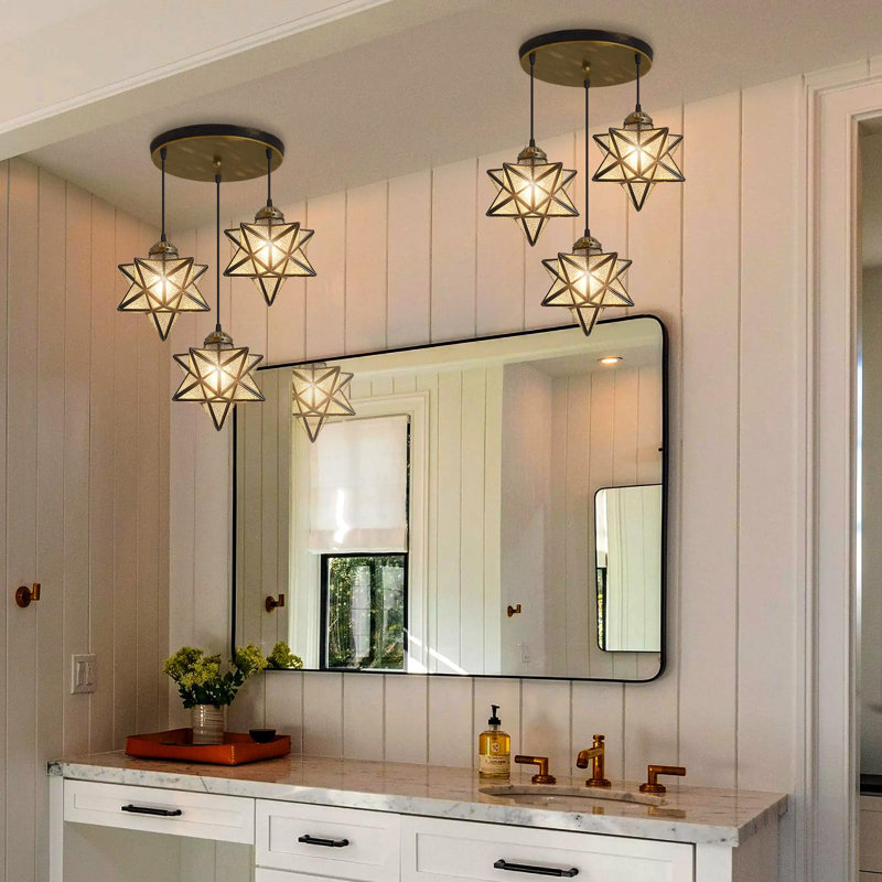 Lustre 3 lumières glam avec étoile de verre, Bronze huilé, Hammered
