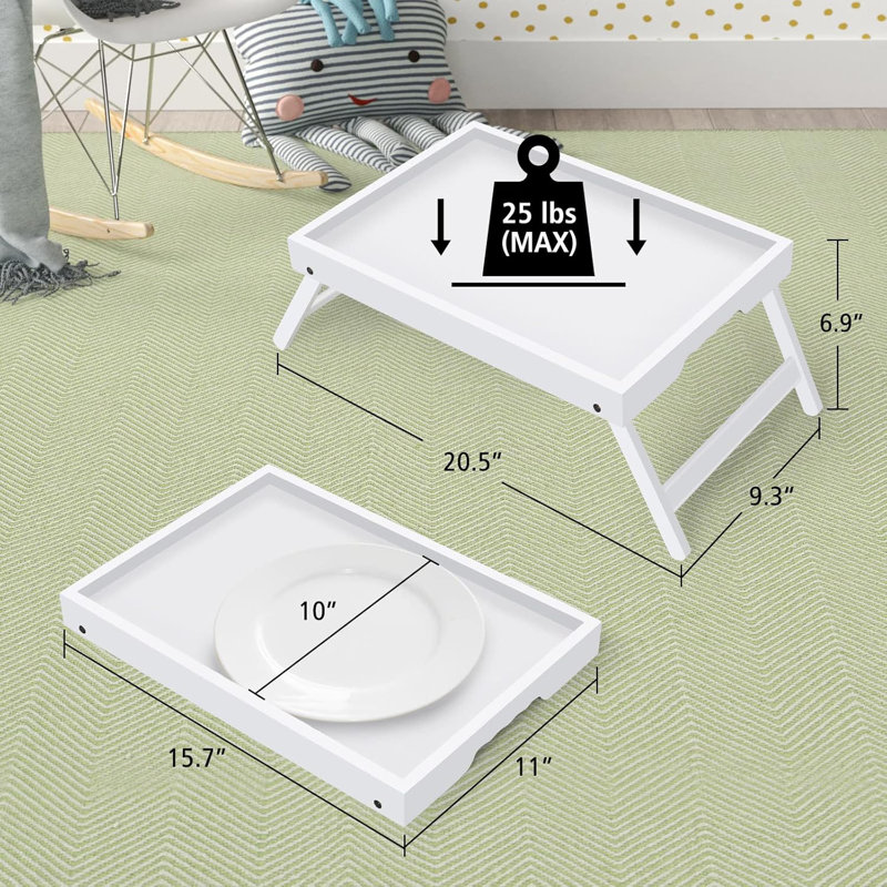 White Bamboo Bed Tray Table with Folding Legs, Set of 2