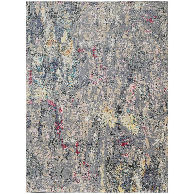 Tapis gris / rose / bleu noué à la main de haute qualité, Rectangle 9 pi x 12 pi