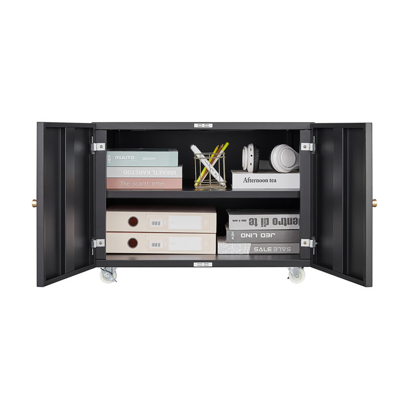 Black Metal Double-Door Printer Cabinet - 360° Lockable Casters, 17.7" H x 23.62" W x 23.62" D, Black