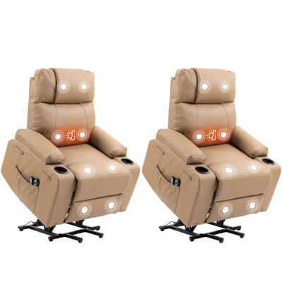 Set of 2 PU Leather Electric Power Lift Massage Recliner Chair with Cup Holders, Small Recliners for Small Spaces (Brown)