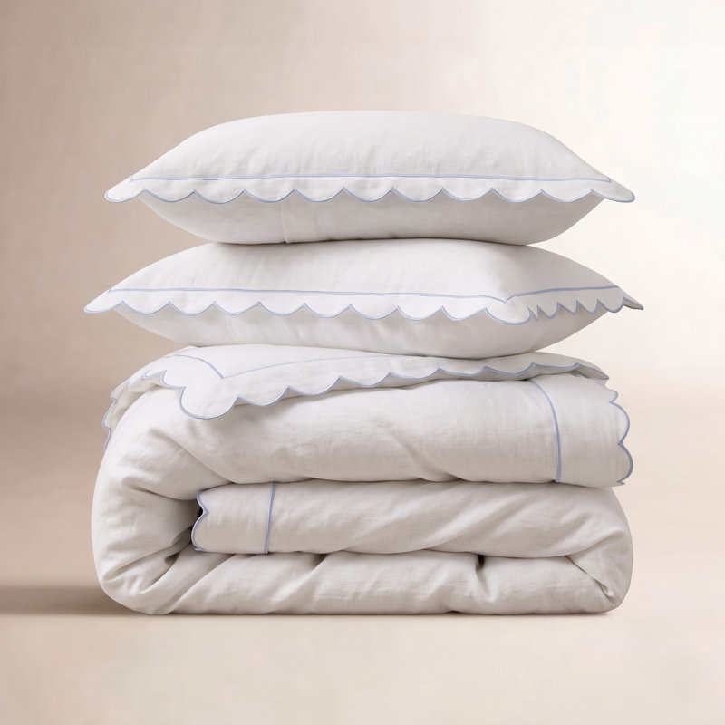 SCALLOP FRAME PERCALE DUVET SET, White, Queen Duvet Cover + 2 Standard Shams