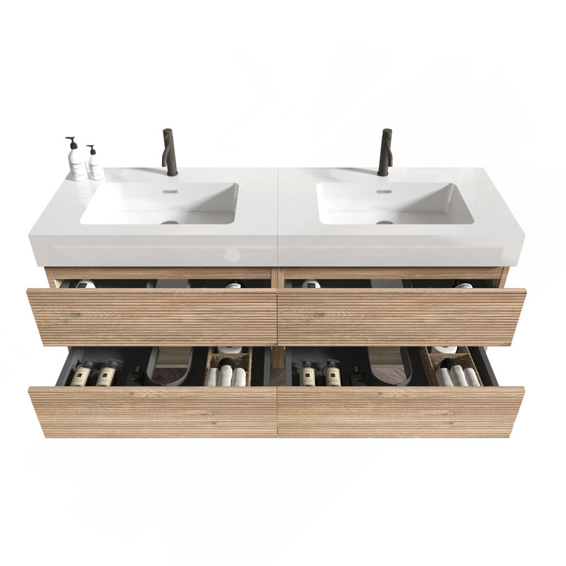 Meuble-lavabo mural 60 po (30 po * 2) avec lavabo à quartz et tiroirs, Chêne, 60", Blanc