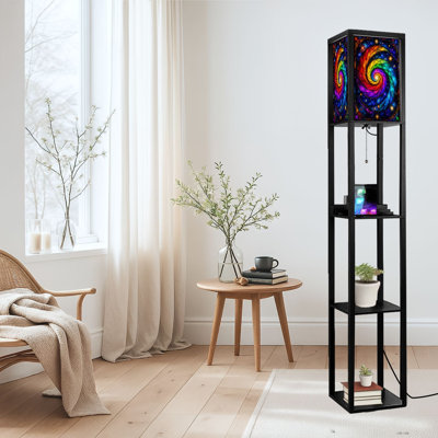 Dimmable LED Standing Floor Lamp Colorful Stained Glass Print Spiral Galaxy Radiant Stars, MDF Frame Floor Lamp with Remote Control, 3 Color Light, for Living Room Bedroom