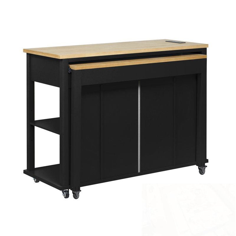 Îlot de cuisine avec table extensible, 2 tiroirs et 2 armoires, Noir