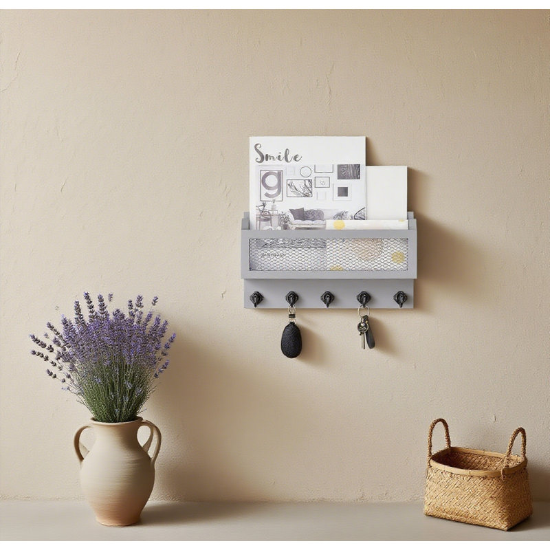 Wall-Mounted Key And Mail Organizer With 5 Hooks, Rustic Wooden Entryway Storage Shelf For Keys, Mail, And Small Essentials