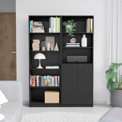 Bibliothèque noire avec rangement à 2 portes et 4 tablettes, œuvres d'art, rétro