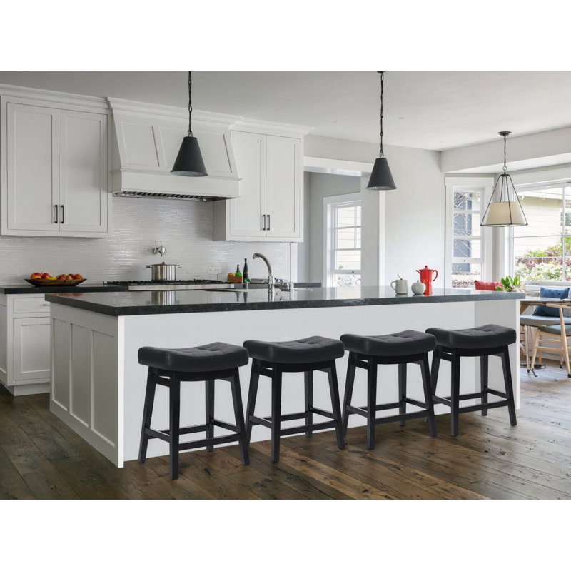 Upholstered Counter Stool with Solid Wood Frame, PU-Black Seat/Black Frame