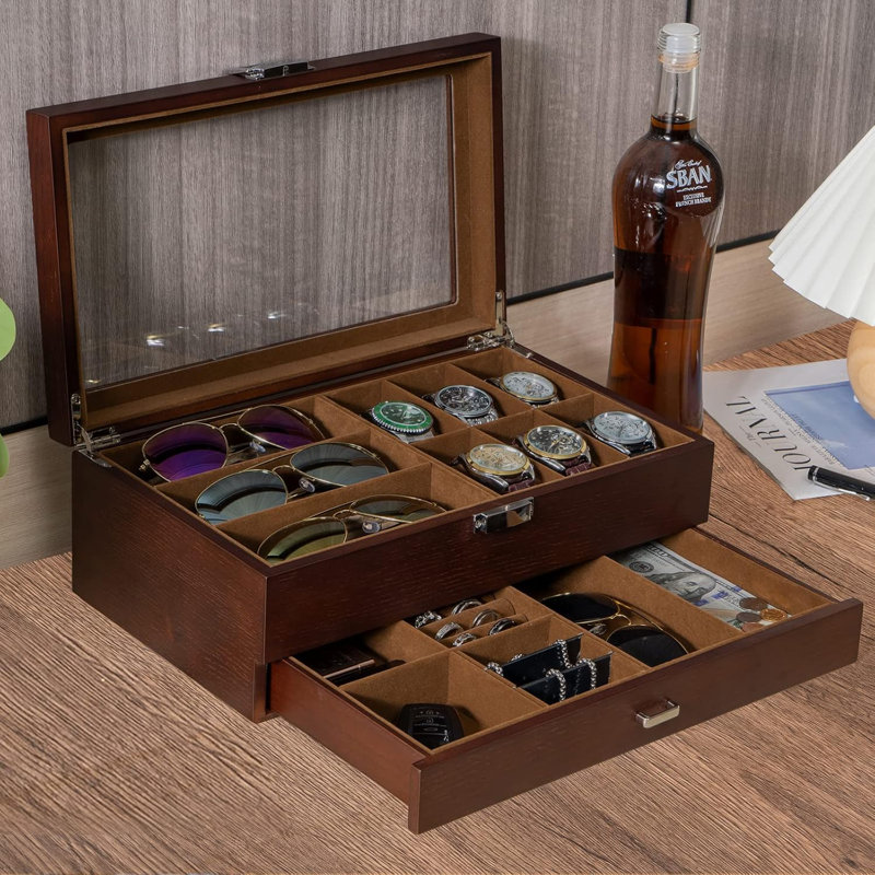 Boîte à bijoux en bois pour homme, porte-montre à 2 niveaux et boîte à lunettes de soleil pour homme, vitrines avec plateau en verre transparent et tiroir de rangement