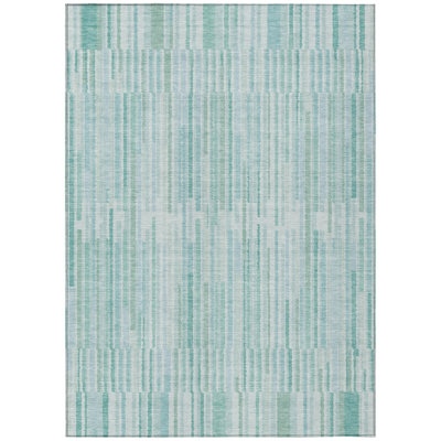 10' X 14' Turquoise And Pale Aqua Striped Washable Indoor Outdoor Area Rug