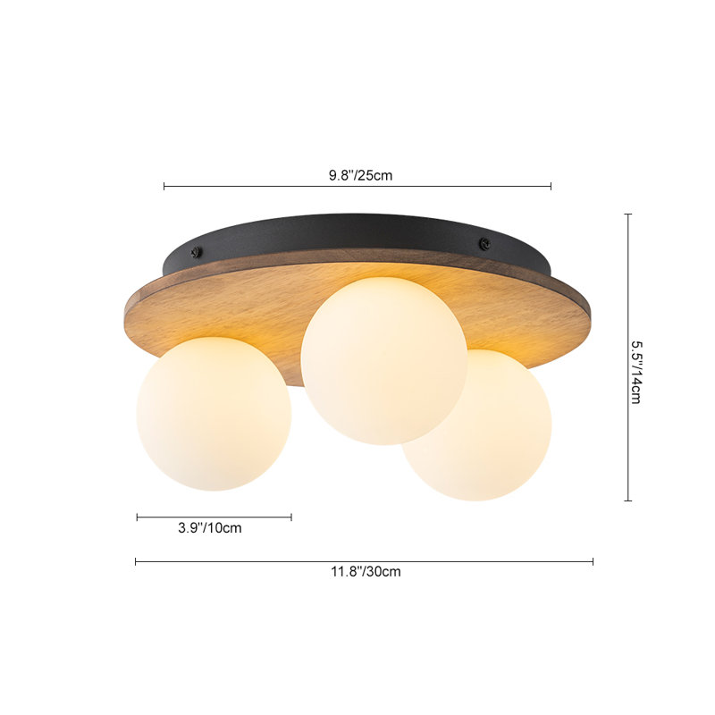 3-Light Glass Goble Wooden Round Flush Mount, Milk White