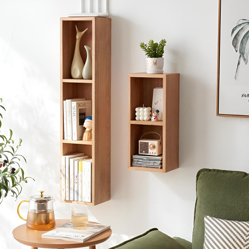 Solid Oak Wall Shelf With Multi-Cubby Design