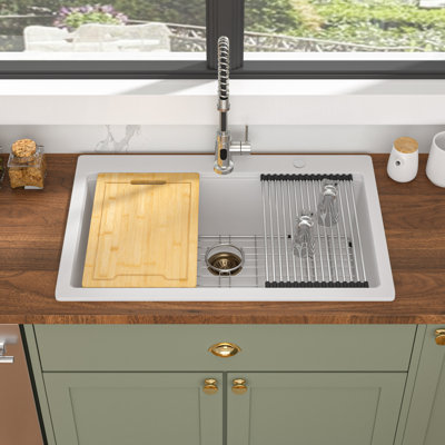 Quartz Workstation Kitchen Sink 33"L x 22"W Black Drop In Single Bowl Kitchen Sink with Accessories
