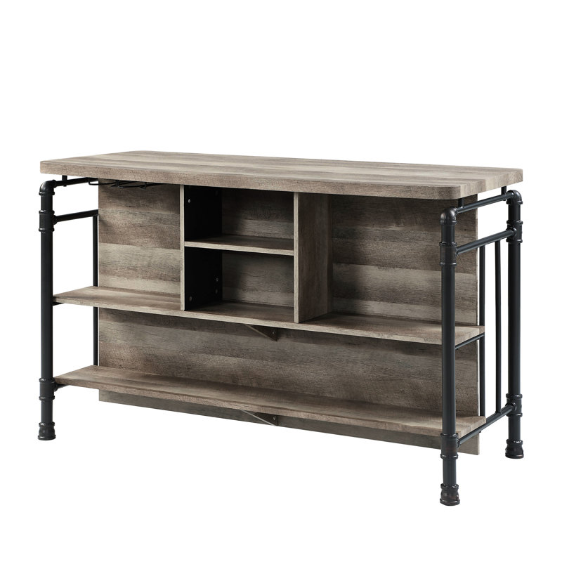 Îlot de cuisine en chêne antique et gris sablé avec 5 tablettes, offrant suffisamment de rangement pour les bouteilles et les verres, table de cuisine à 5 tablettes avec pieds en métal et pieds de table stables, verres de grande capacité
