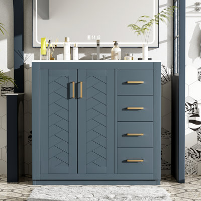 Meuble-lavabo de 91 cm (36 po) avec lavabo en céramique, structure en bois massif, portes à fermeture amortie, 3 tiroirs, grand espace de rangement, design rétro, poignées élégantes, motif rainuré, tiroir dissimulé.