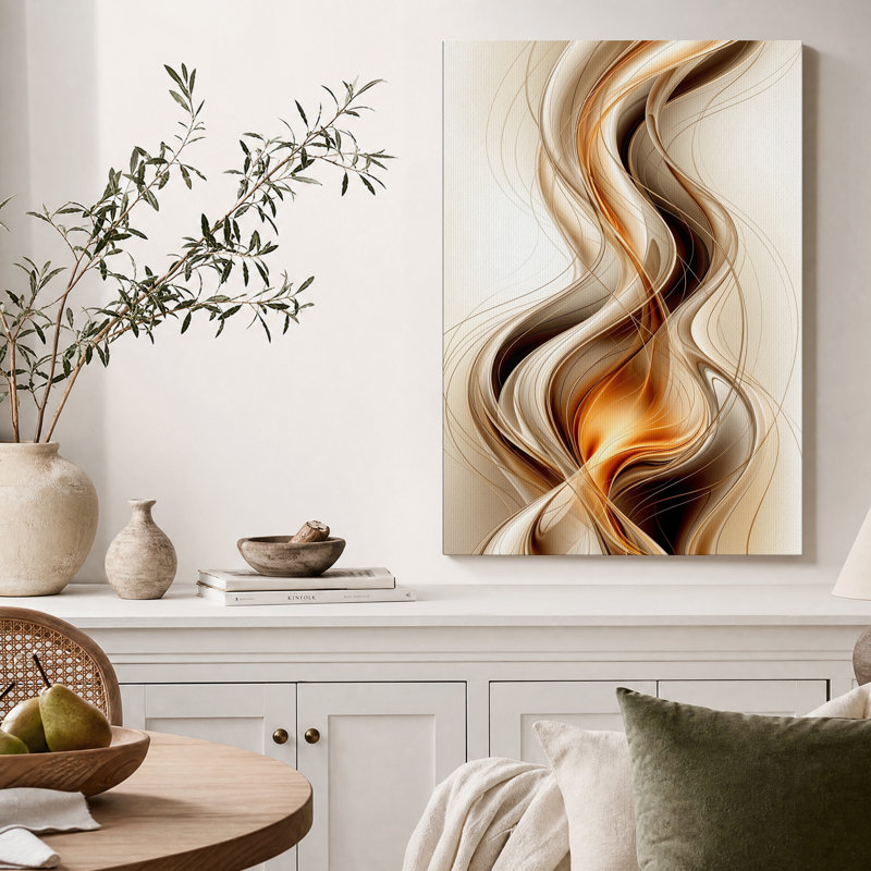 Tableau abstrait sur toile représentant des vagues fluides en bronze et crème, H 48 po x l 32 po