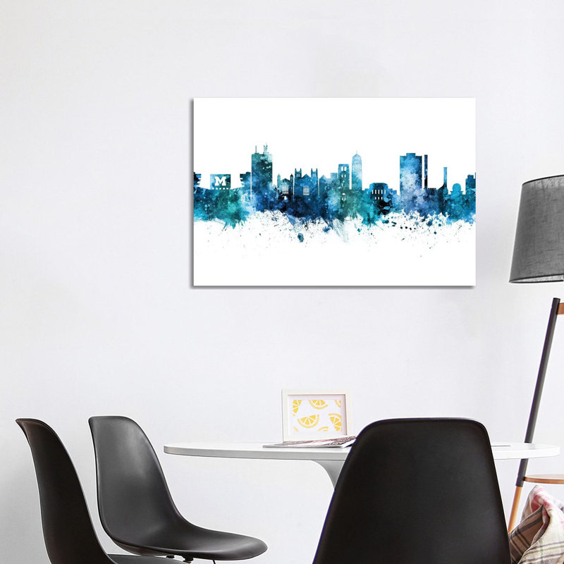 Ann Arbor Michigan Skyline Blue Teal by Michael Tompsett - 1 Piece Wrapped Canvas Painting
