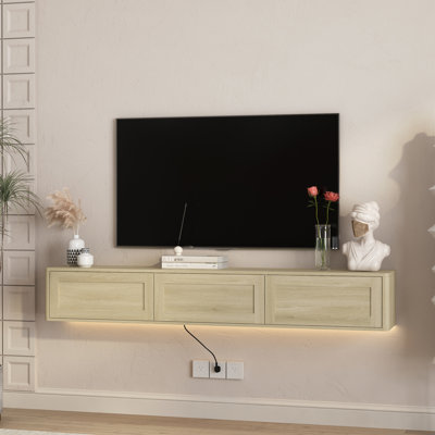 Meuble télé mural flottant avec lumières DEL Armoire en bois ultrabrillante pour prise de courant pour grand espace de rangement