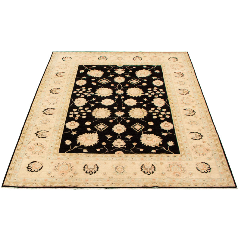 Tapis décoratif noir/brun en laine de conception unique 6 pi 9 po x 9 pi 5 po noué à la main New Age