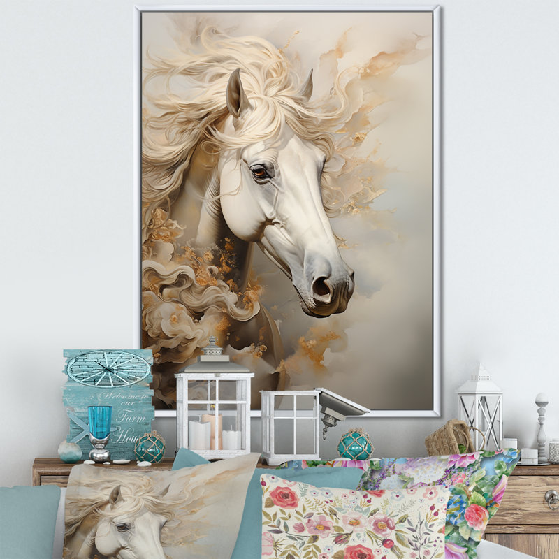 Minimal portrait de cheval beige et blanc sur toile, Cadre flottant blanc, H 32 po x l 24 po x P 1 po