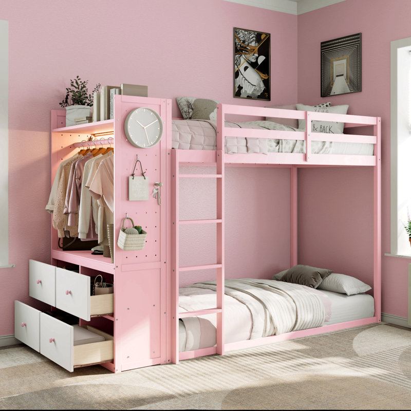 Lit simple superposé simple avec 4 tiroirs de rangement, rail suspendu, bande lumineuse et tablettes intégrées et 2 panneaux perforés, 3 couleurs disponibles, rose