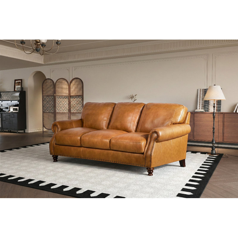 Ellard Genuine Leather Rolled Arm Sofa, Bello Saddle